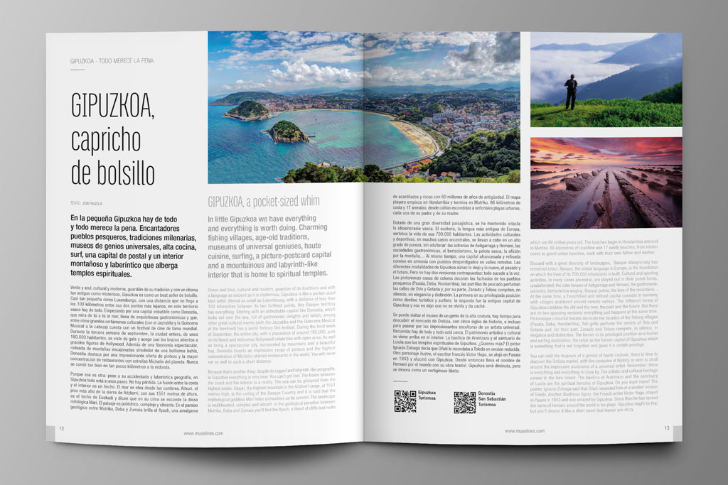 Doble página con artículo Gipuzkoa, capricho de bolsillo Muselines Essential Magazine 2022-23 Donostia-San-Sebastián y Gipuzkoa